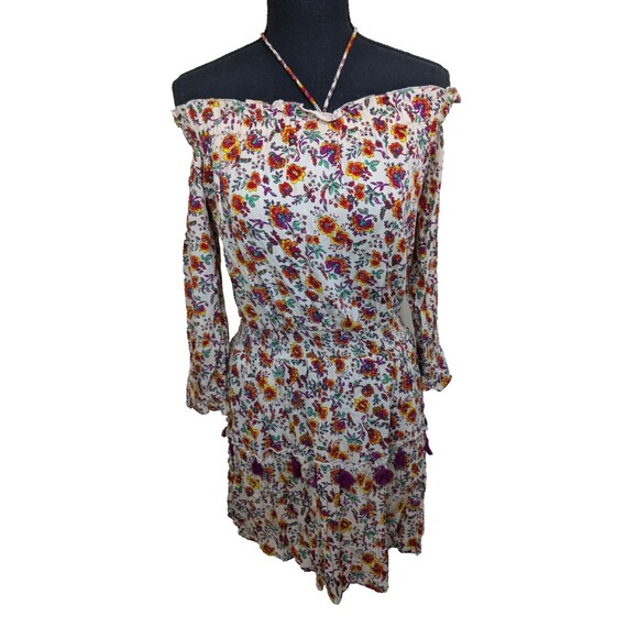 Raga Dresses & Skirts - Raga Mini Tunic Dress Floral Tassel Shirred Bohemian Off Shoulder Size Small